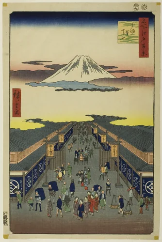 Surugacho, from the series "One Hundred Famous Views of Edo (Meisho Edo hyakkei)" by Utagawa Hiroshige (歌川広重), print, 1856