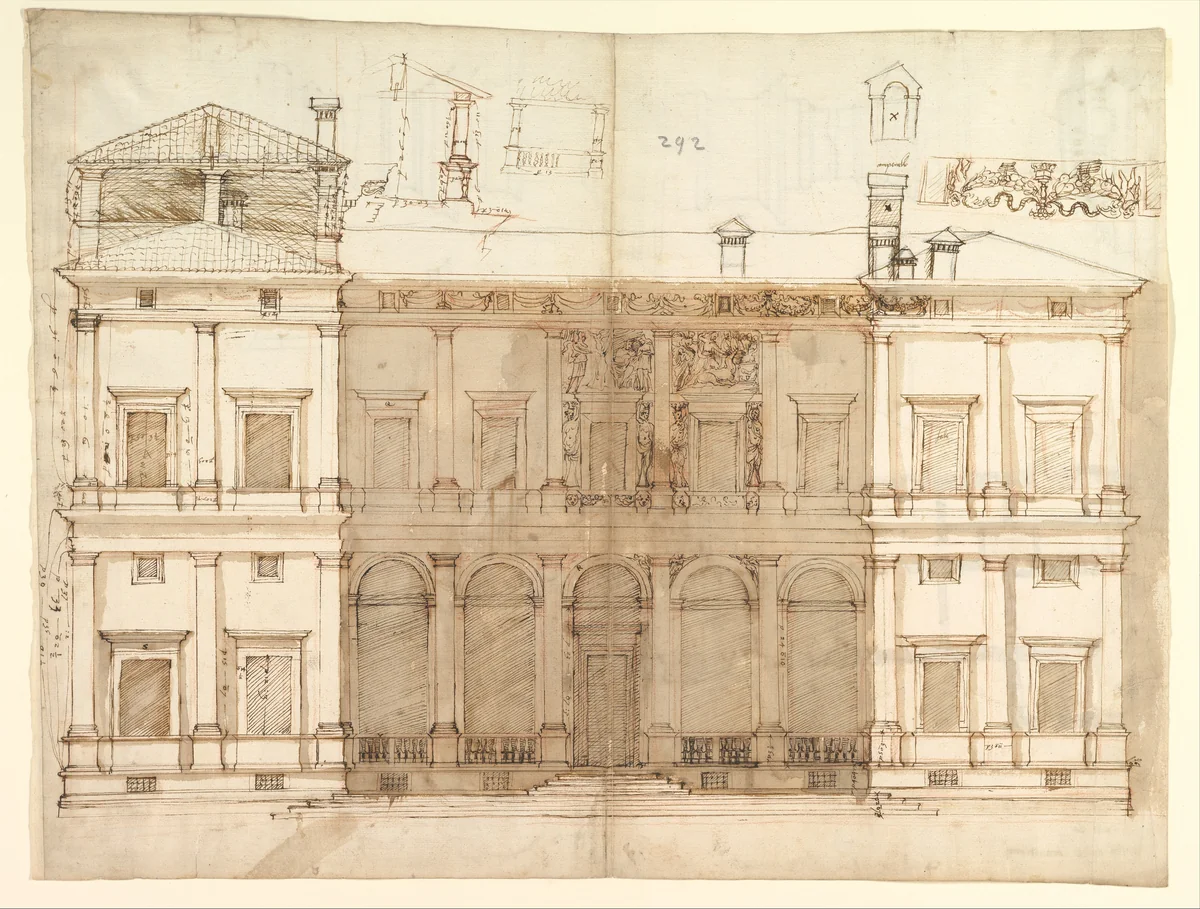 Villa of Agostino Chigi (La Farnesina), Rome, north façade, with ornamental detailing (recto); Villa of Agostino Chigi (La Farnesina), Rome, plan and moulding profiles (verso) by anonymous, drawing, 1500-1580