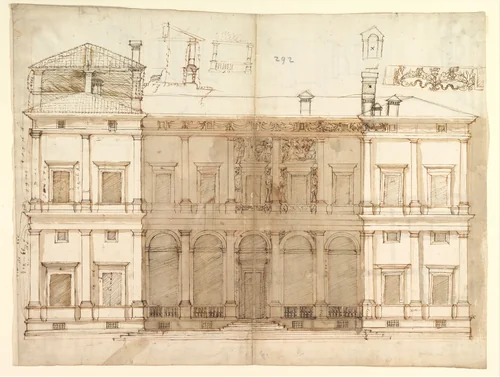 Villa of Agostino Chigi (La Farnesina), Rome, north façade, with ornamental detailing (recto); Villa of Agostino Chigi (La Farnesina), Rome, plan and moulding profiles (verso) by anonymous, drawing, 1500-1580