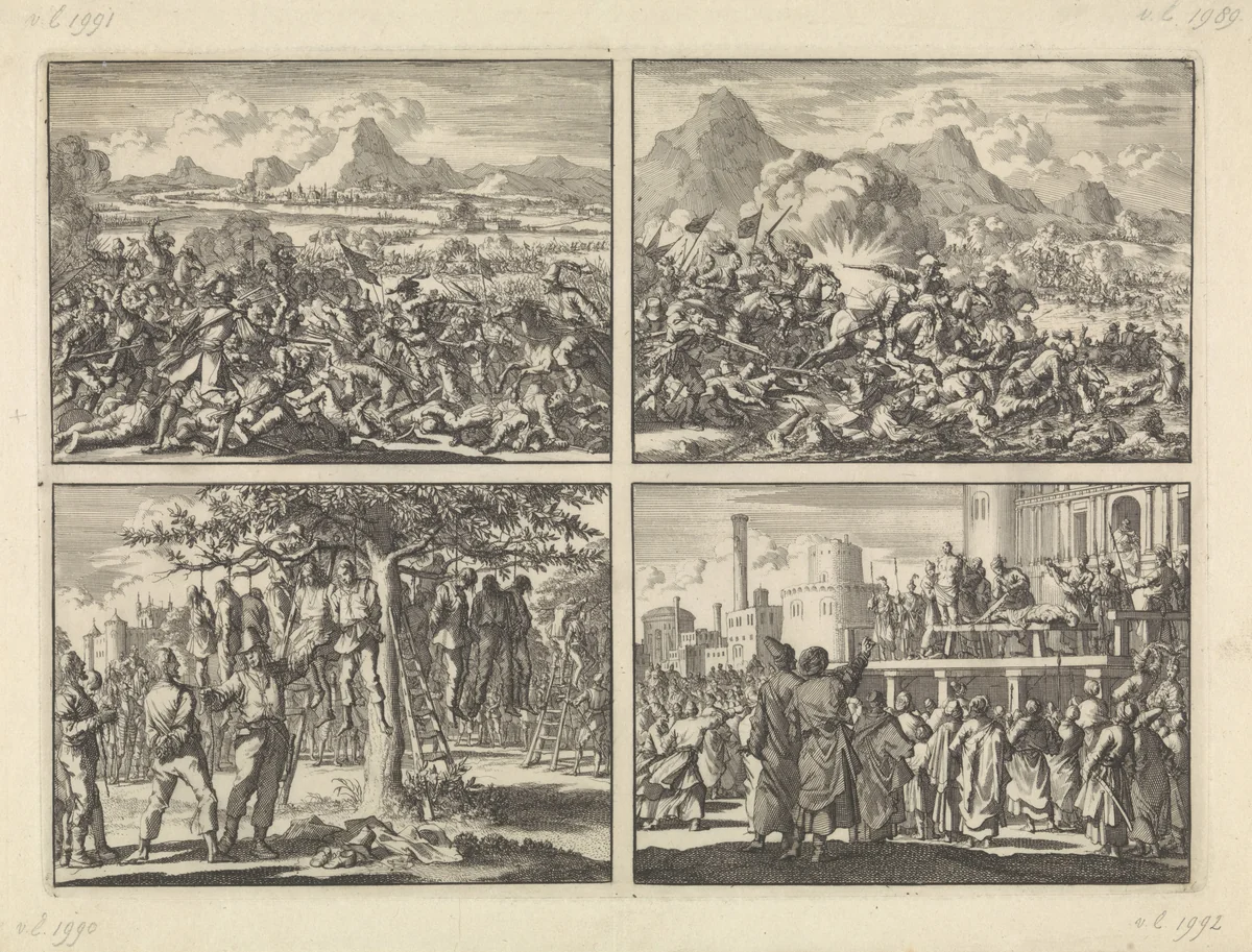 Keizerlijke leger door de Fransen verslagen bij Mázia in Valtellina en in de Adige gejaagd, 1635 / Pappenheim verslaat de opgestane boeren in Oostenrijk nabij Linz aan de Donau, 1626 / Gevangen genomen boeren bij Hasingen door de Zweden in een boom gehangen, 1633 / Sultan Murat IV laat van twee mannen armen en benen afhakken omdat zij hadden gerookt, ca. 1630 by Jan Luyken, print, 1698
