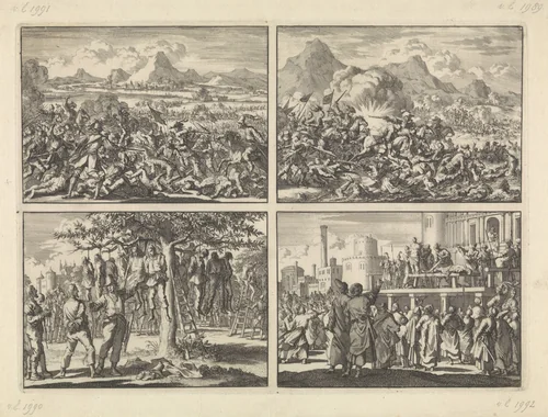Keizerlijke leger door de Fransen verslagen bij Mázia in Valtellina en in de Adige gejaagd, 1635 / Pappenheim verslaat de opgestane boeren in Oostenrijk nabij Linz aan de Donau, 1626 / Gevangen genomen boeren bij Hasingen door de Zweden in een boom gehangen, 1633 / Sultan Murat IV laat van twee mannen armen en benen afhakken omdat zij hadden gerookt, ca. 1630 by Jan Luyken, print, 1698