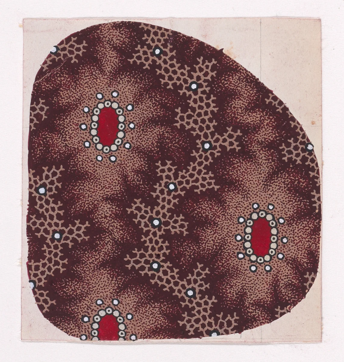 Textile Design with Alternating Vertical Rows of Ovals Bordered with Pearls and Vertical Garlands of Honeycomb Structures Flanked with Offsetting Branches and Decorated with Pearls over a Stippled Background by anonymous, drawing, 1840