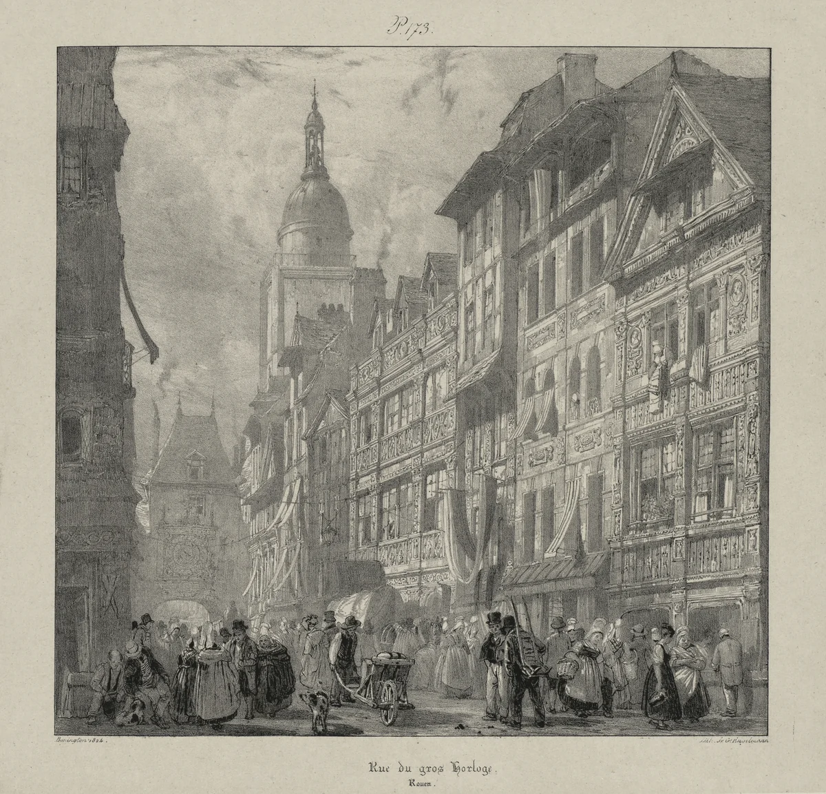 Voyages pittoresques et romantiques dans l'ancienne France, Normandie: Rue du Gros Horloge, Rouen by Richard Parkes Bonington, print, 1824