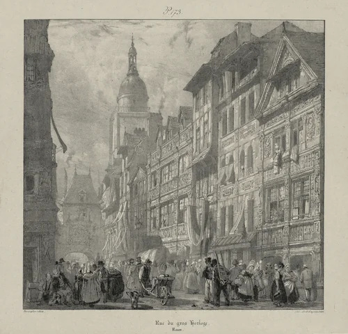 Voyages pittoresques et romantiques dans l'ancienne France, Normandie: Rue du Gros Horloge, Rouen by Richard Parkes Bonington, print, 1824