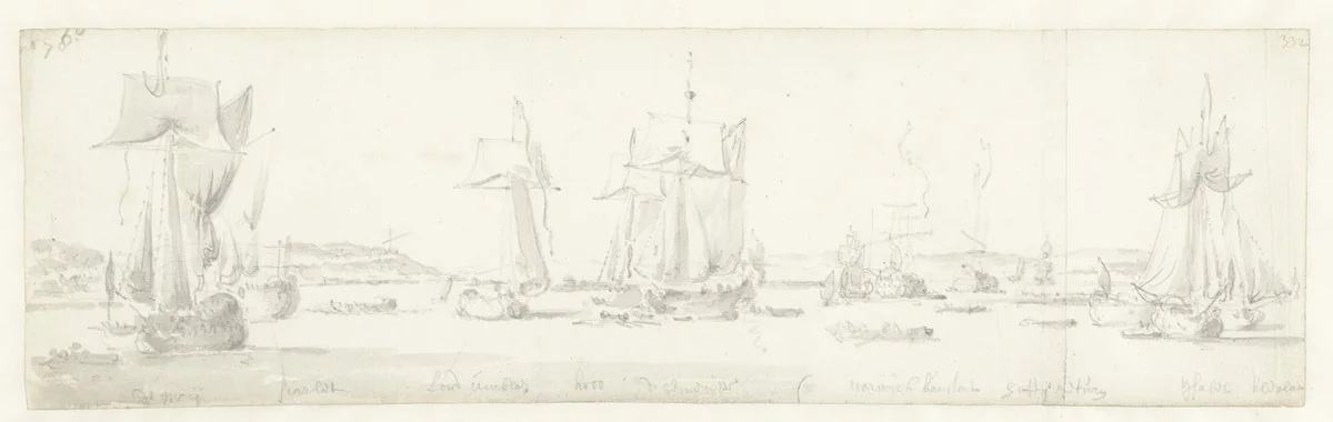 De tocht van de Engelse koning Karel II over de Thames naar Sheerness en Chatham op 27 Augustus 1681 by Willem van de Velde, drawing, 1681