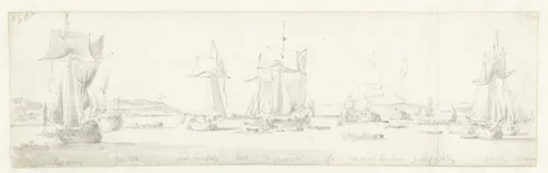 De tocht van de Engelse koning Karel II over de Thames naar Sheerness en Chatham op 27 Augustus 1681 by Willem van de Velde, drawing, 1681