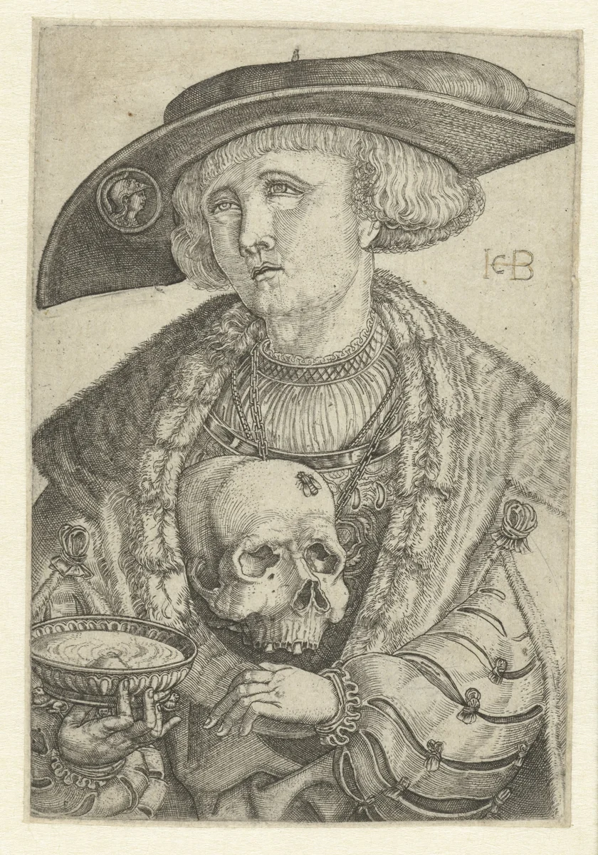 Zelfportret met schedel en schaal by Unknown, print, 1510-1569