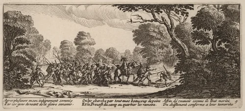 Discovery of the Criminal Soldiers by Gerrit van Schagen; Jacques Callot, print, 1637-1647