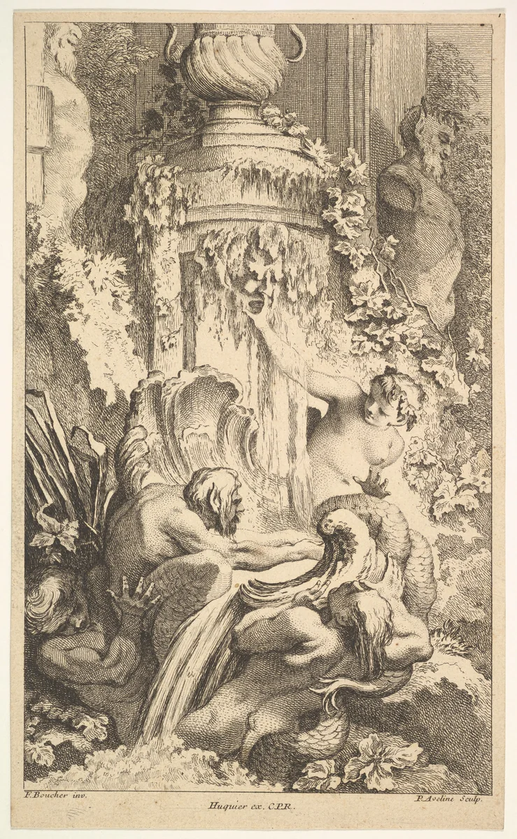 Naiades, Tritons and the Bath of Priap by Pierre Alexandre Aveline, print, 1736