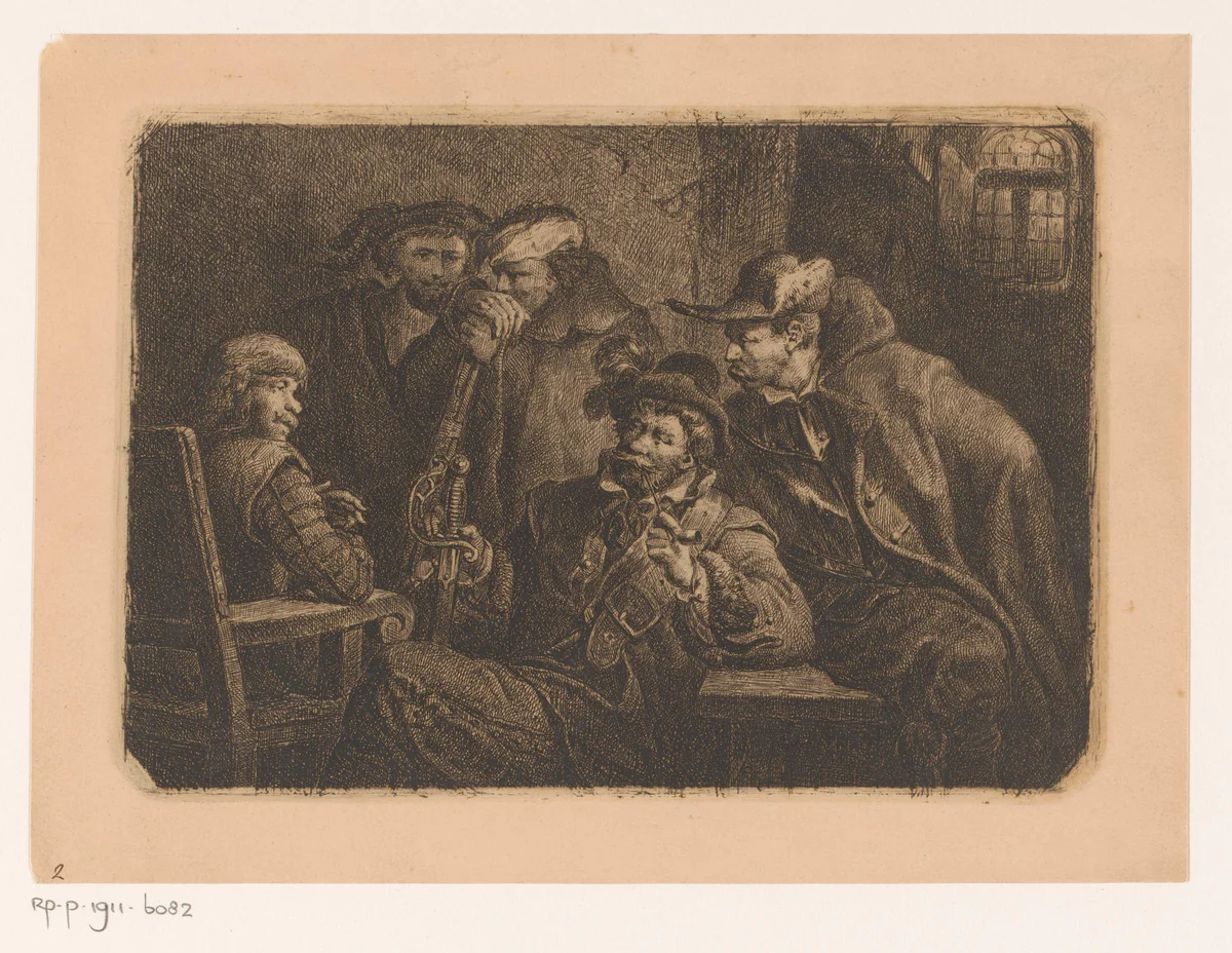 Vijf soldaten in een wachthuis by Joseph Lies, print, 1831-1865