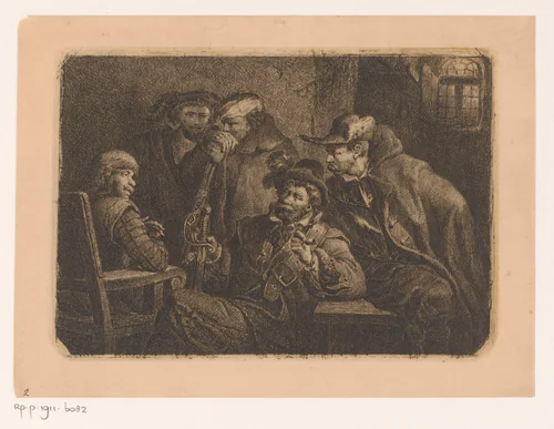 Vijf soldaten in een wachthuis by Joseph Lies, print, 1831-1865