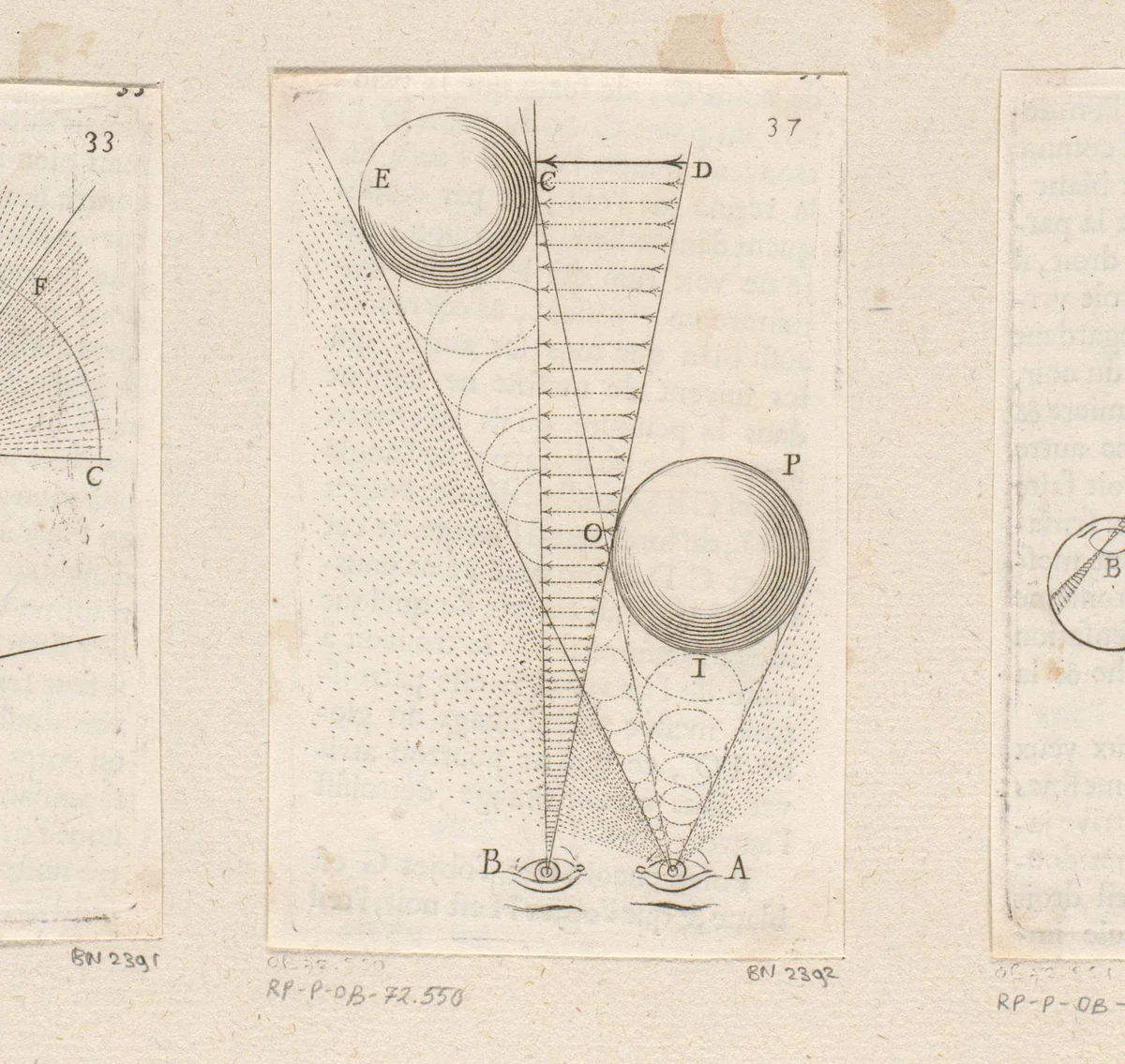 Twee ogen die naar twee ballen en een pijl kijken by Sébastien Leclerc, print, 1679