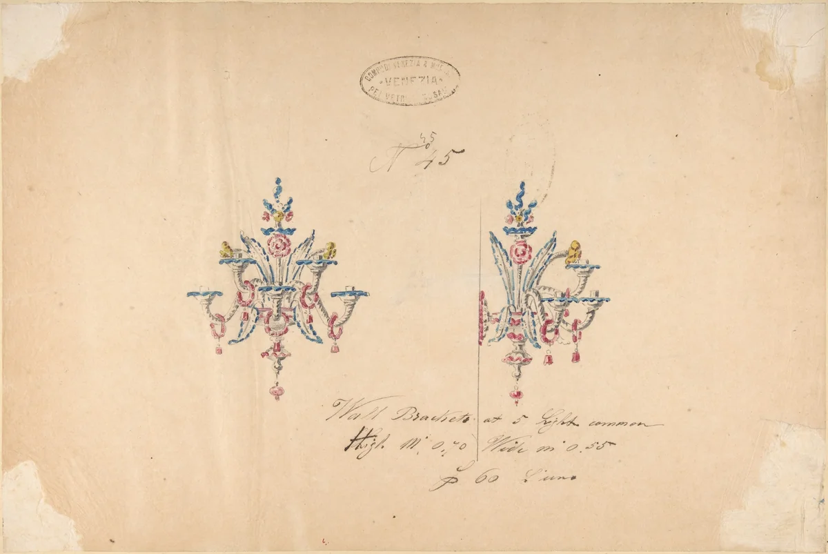 One of Twenty-Three Sheets of Drawings of Glassware (Mirrors, Chandeliers, Goblets, etc.) by Compagnia di Venezia e Murano, drawing, 1850-1880