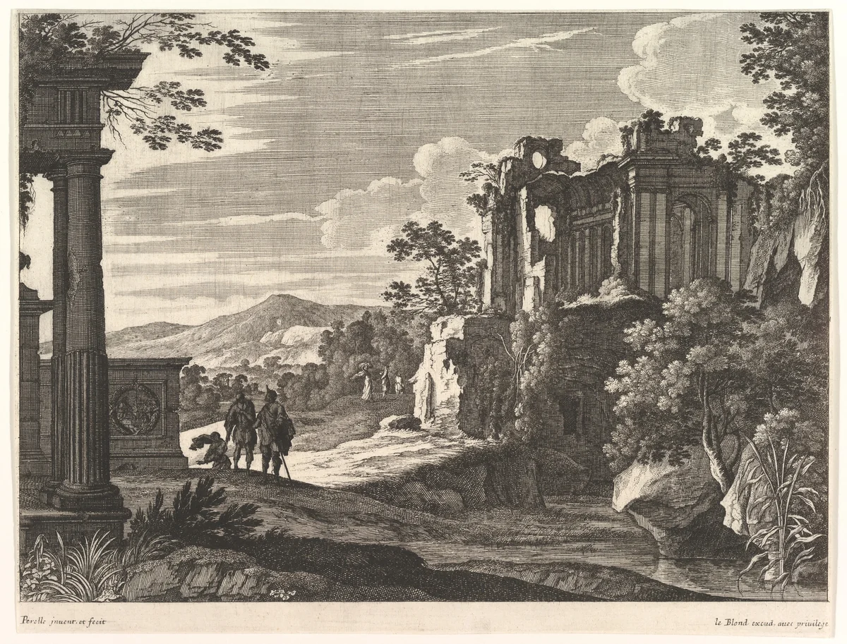 Travelers Visiting Ruins by Gabriel Perrelle, print, 1603-1677