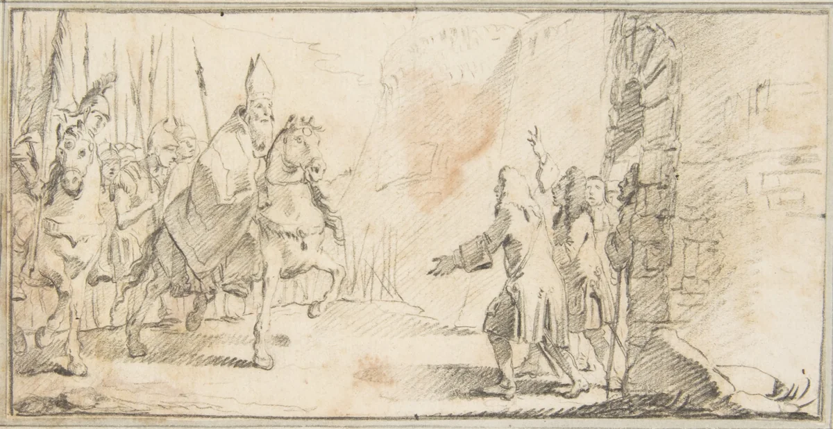 Illustration for a Book: Reception of a Bishop Leading an Army at a City Gate by Giovanni Battista Tiepolo, drawing, 1696-1770