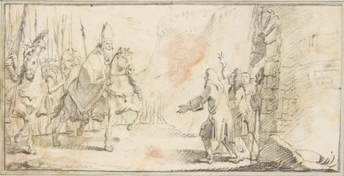 Illustration for a Book: Reception of a Bishop Leading an Army at a City Gate by Giovanni Battista Tiepolo, drawing, 1696-1770