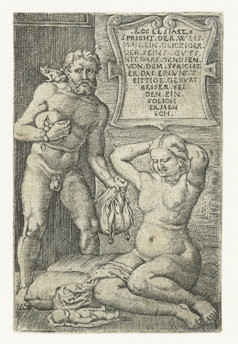 Gierigaard en vrouw met een miskraam by Barthel Beham, print, 1512-1540