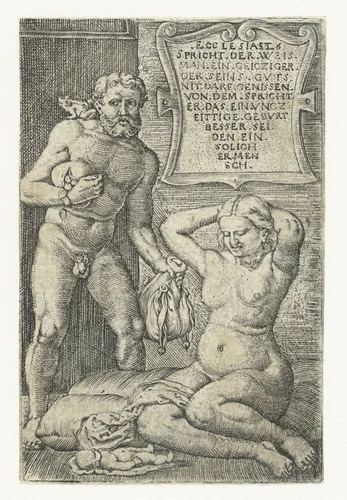 Gierigaard en vrouw met een miskraam by Barthel Beham, print, 1512-1540