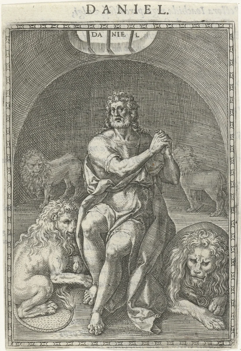 Daniël in de leeuwenkuil. by Johann Sadeler, print, 1577