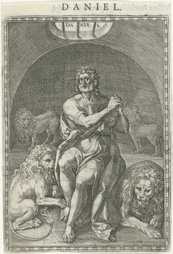 Daniël in de leeuwenkuil. by Johann Sadeler, print, 1577