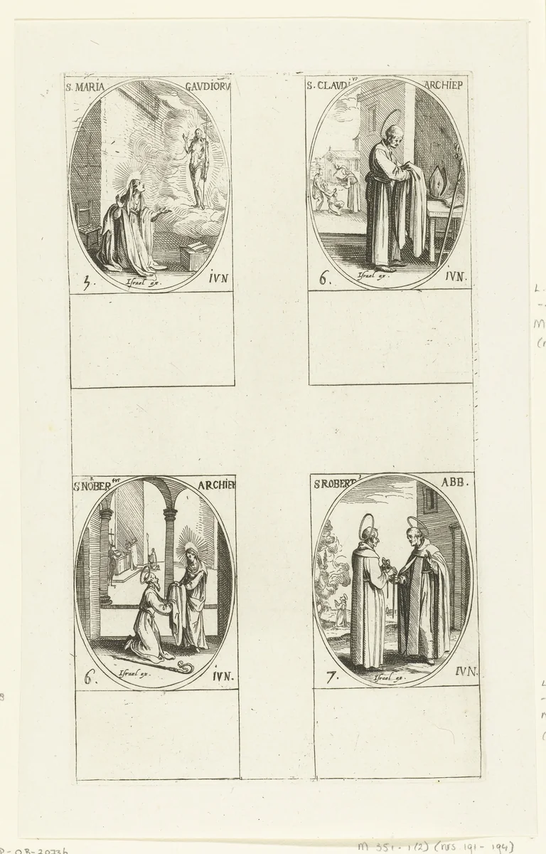Maria Gaudiorum, Heilige Claudius van Besançon, Heilige Norbertus van Magdeburg, Heilige Robertus van Newminster (5-7 juni) by Jacques Callot, print, 1632-1636
