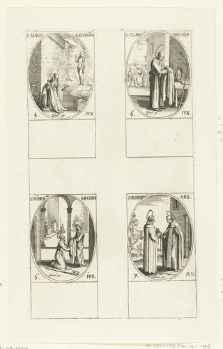 Maria Gaudiorum, Heilige Claudius van Besançon, Heilige Norbertus van Magdeburg, Heilige Robertus van Newminster (5-7 juni) by Jacques Callot, print, 1632-1636