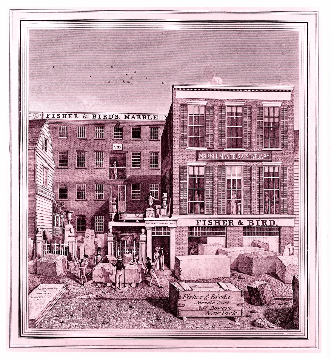 Fisher & Bird's Marble Yard, 287 Bowery, New York by John Baker, print, 1831-1841