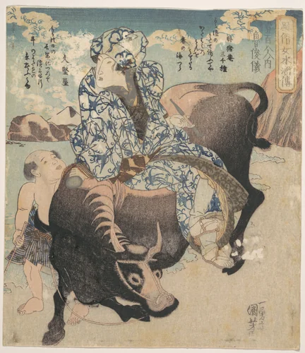 Roshungi (Chinese, Lu Zhunyi) as a Woman with a Pipe Riding on a Buffalo by Utagawa Kuniyoshi (歌川國芳), print, 1797-1861