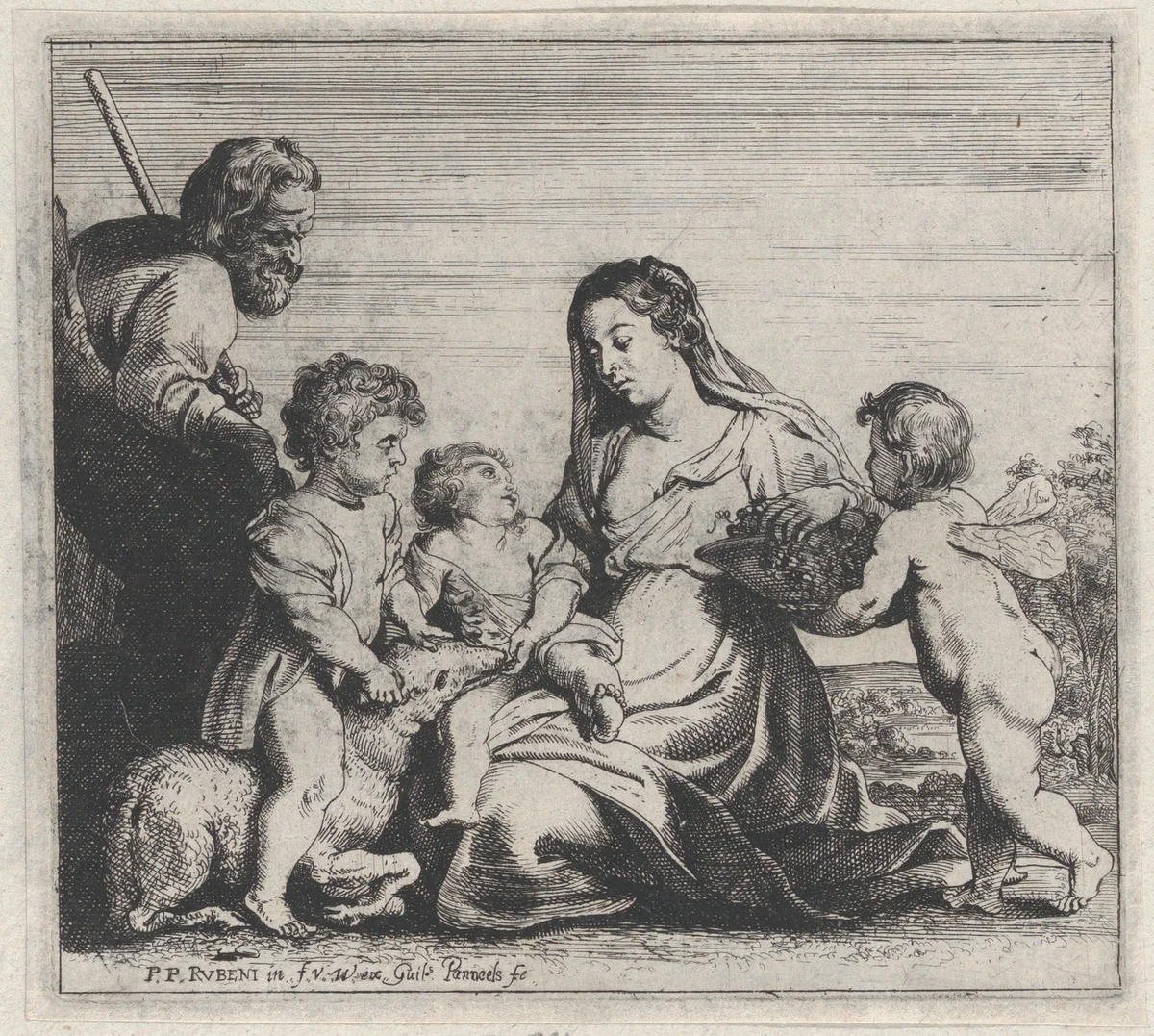 The Holy Family and Saint John the Baptist playing with a lamb, an angel at right by Willem Panneels, print, 1626-1636