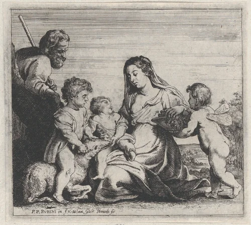 The Holy Family and Saint John the Baptist playing with a lamb, an angel at right by Willem Panneels, print, 1626-1636
