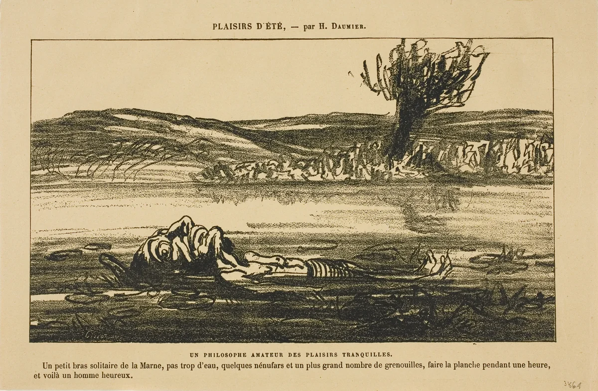 Philosophical Contemplations of a Lover of Silent Pleasures. To float on the back for an hour in a quiet tributary of the Marne with little water, some water lilies and lots of frogs: that's what makes a man happy!, from Les Baigneurs by Honoré-Victorin Daumier, print, 1864