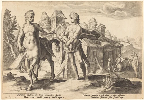Apollo Entrusting Chiron with the Education of Asclepius by Hendrick Goltzius, portfolio, 1590-1690