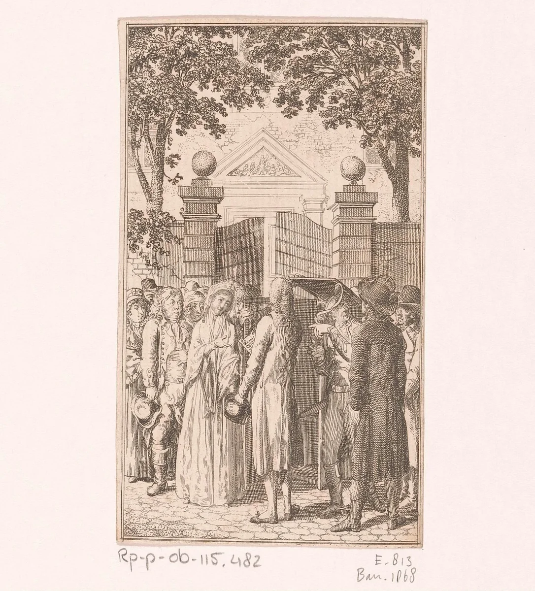 Clarissa wordt gearresteerd bij het uitgaan van de kerk by Daniel Nikolaus Chodowiecki, print, 1796