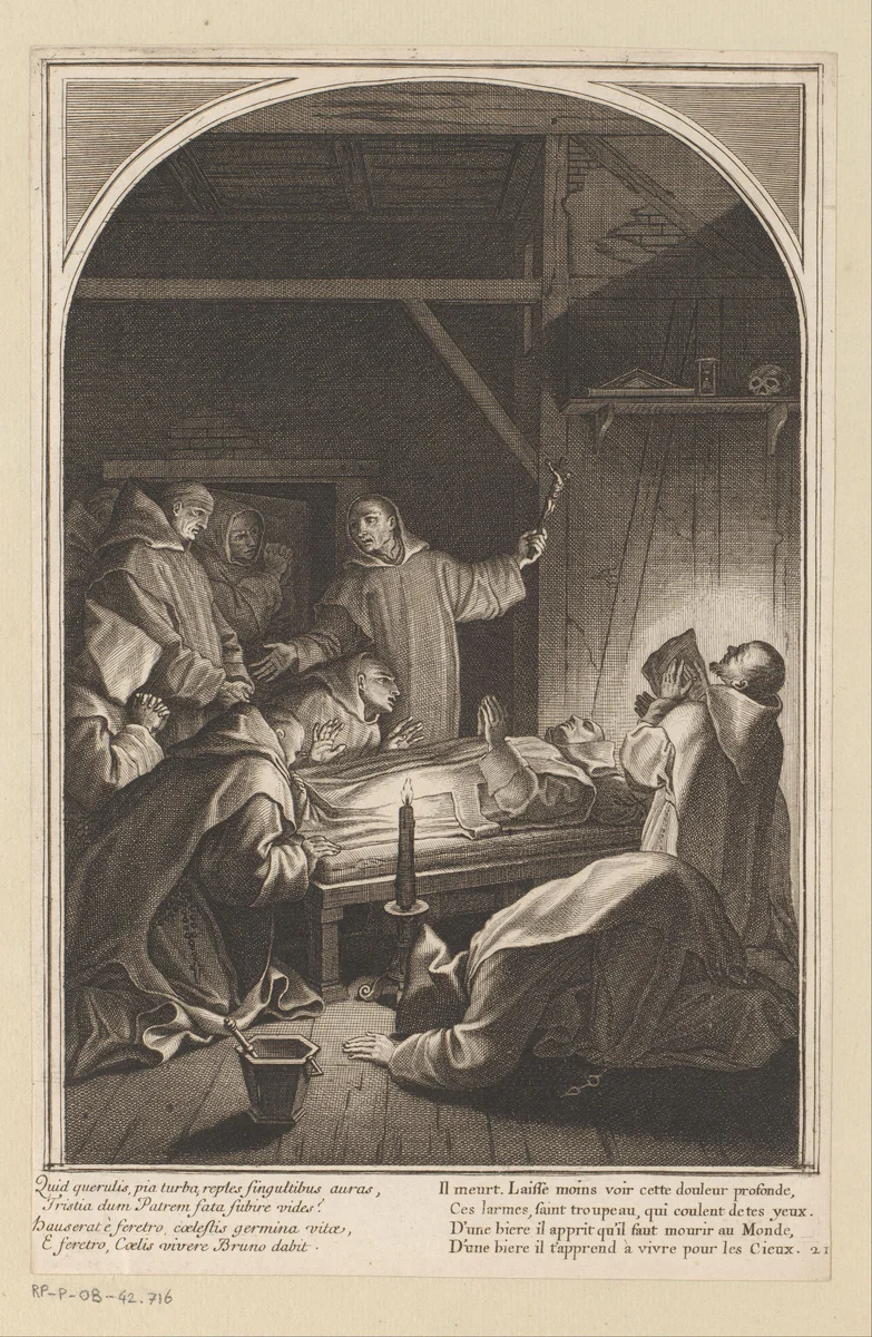 Dood van de Heilige Bruno by François Chauveau, print, 1623-1676