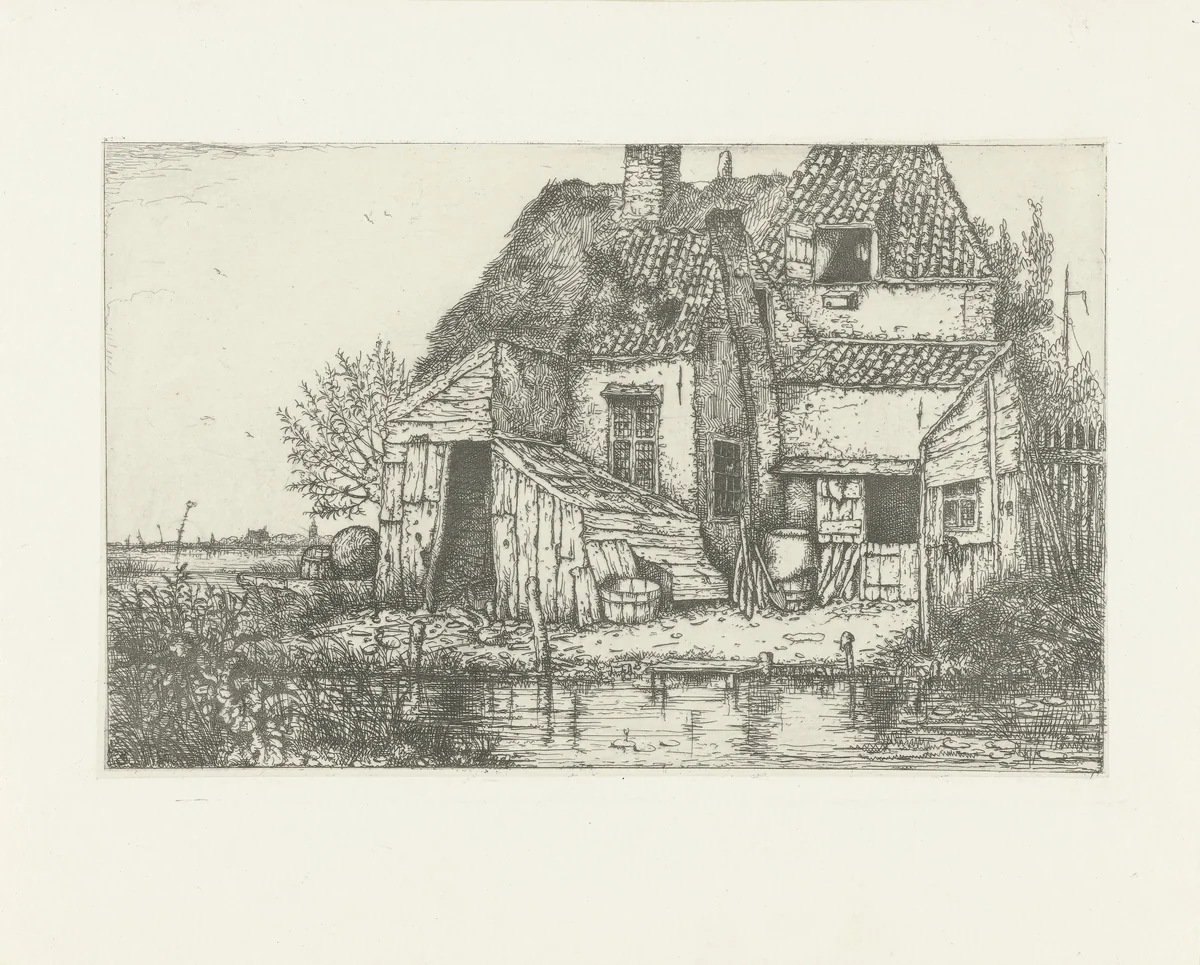 Krotwoning aan een beek by Jacobus Ludovicus Cornet, print, 1825-1882