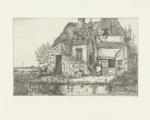 Krotwoning aan een beek by Jacobus Ludovicus Cornet, print, 1825-1882