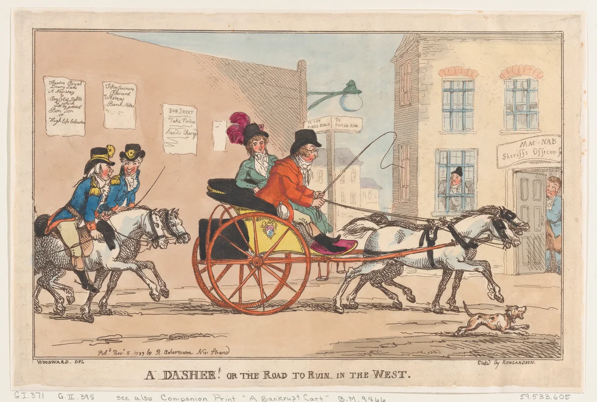 A Dasher! Or the Road to Ruin in the West by Thomas Rowlandson, print, 1799