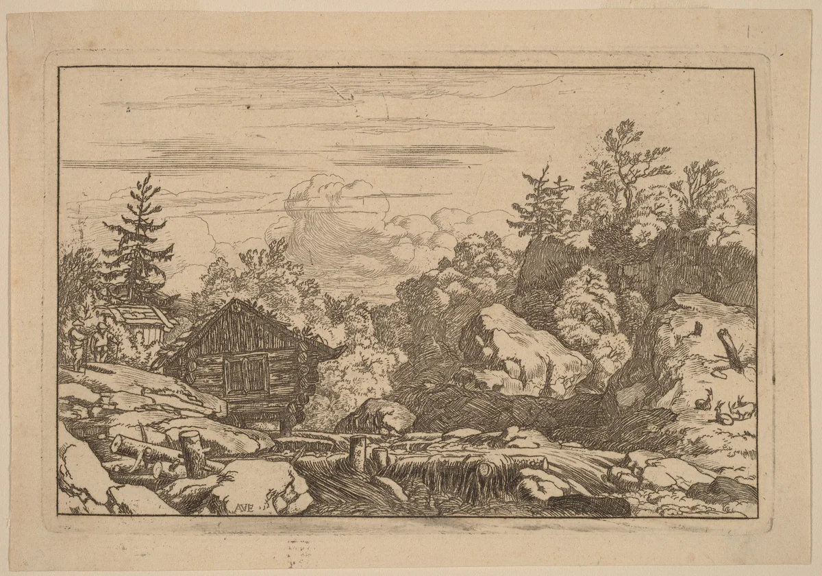 Cottages at the Bank by Allart van Everdingen, print, 1645-1656
