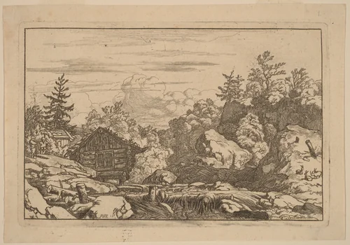 Cottages at the Bank by Allart van Everdingen, print, 1645-1656