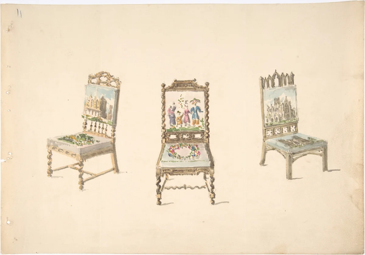 Design for Three Chairs with Pictorial Upholstery by anonymous, drawing, 1800-1850