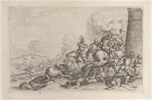 Combat at the foot of a tower by Jacques Courtois, print, 1635-1660