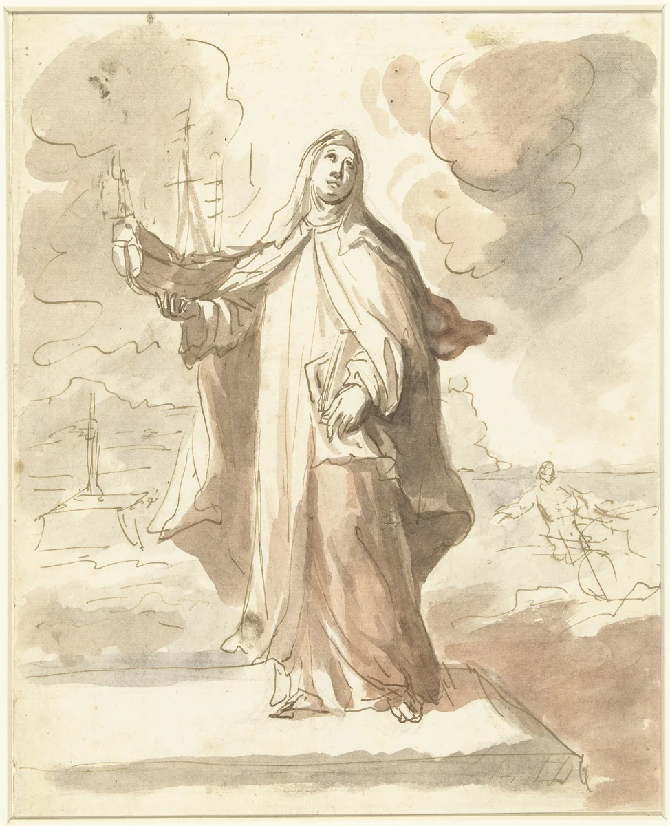 Heilige Brigitta, staande met het schip in de rechterhand by Domenico Mondo, drawing, 1733-1806