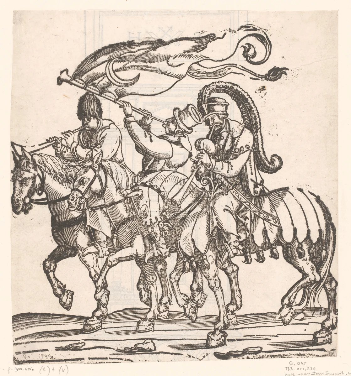 Drie Turkse muzikanten te paard by anonymous, print, 1530