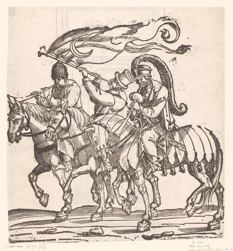 Drie Turkse muzikanten te paard by anonymous, print, 1530
