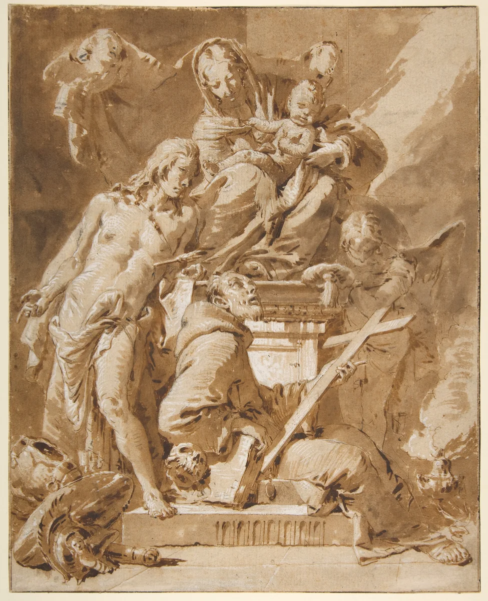 The Virgin and Child Enthroned with Saint Sebastian and a Franciscan Saint by Giovanni Battista Tiepolo, drawing, 1696-1770