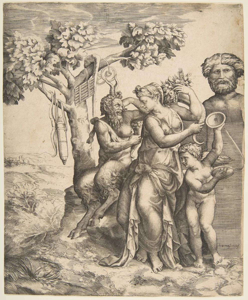 Pan at the left seated next to a standing nymph, to the right Cupid holding cymbals by Giulio Bonasone, print, 1531-1576