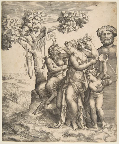Pan at the left seated next to a standing nymph, to the right Cupid holding cymbals by Giulio Bonasone, print, 1531-1576