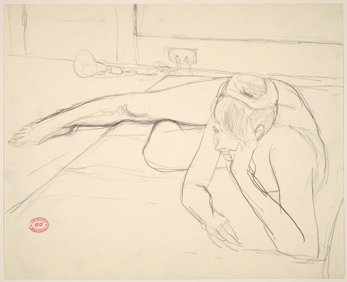 Untitled [female nude resting on floor with head on hand] by Richard Diebenkorn, drawing, 1955-1967
