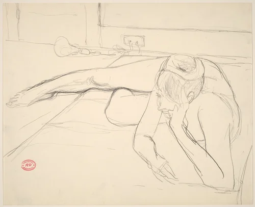 Untitled [female nude resting on floor with head on hand] by Richard Diebenkorn, drawing, 1955-1967