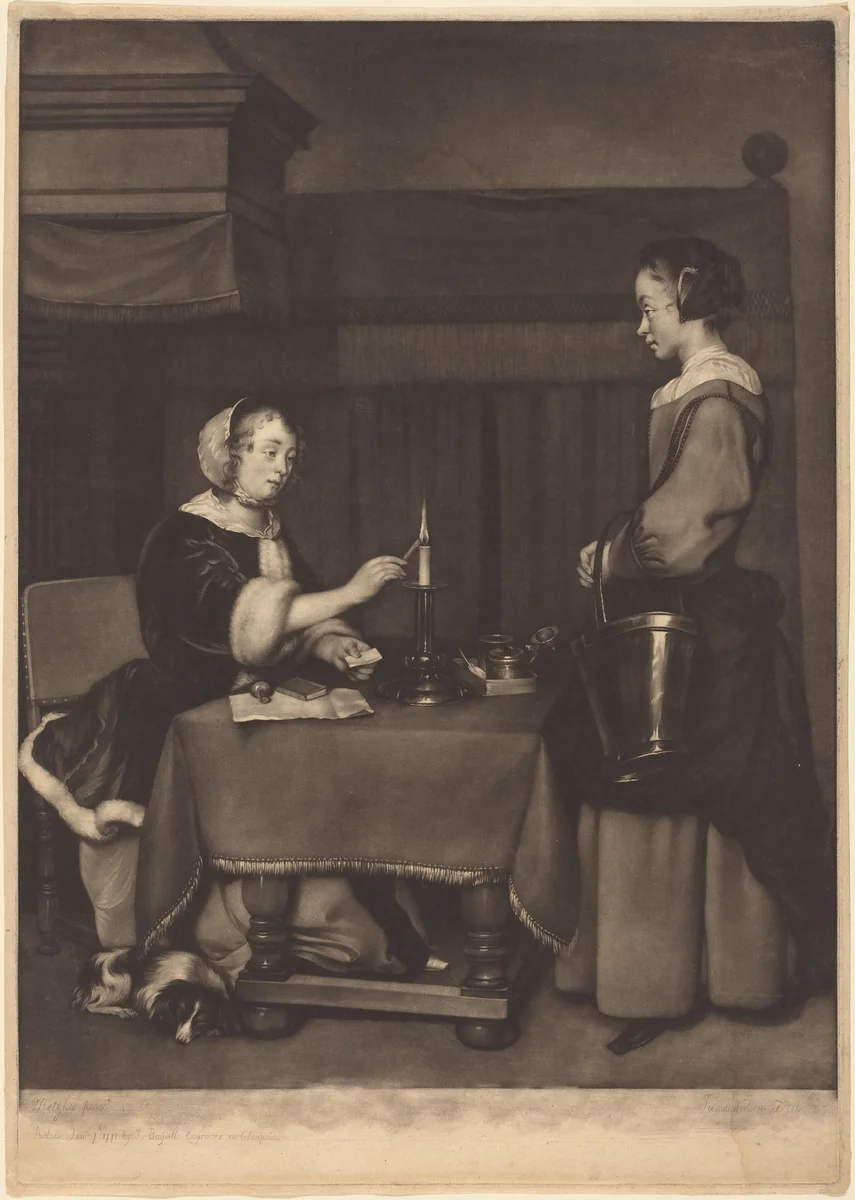 The Female Correspondent by John Boydell; James Watson; Gabriel Metsu, print, 1771
